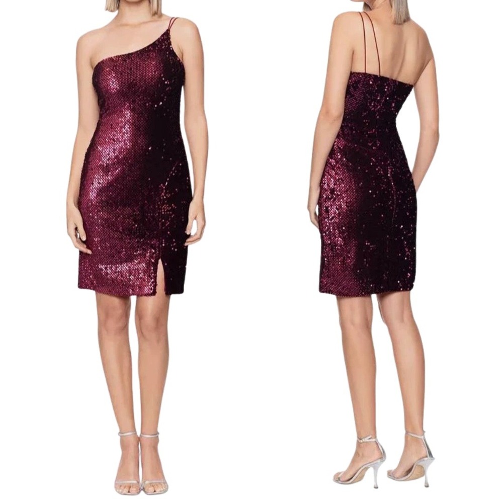 Betsy & Adam Dress Womens Size 10 Red One Shoulder Sequin Cocktail Mini NEW